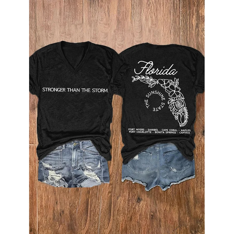 

Rheaclot Florida Stronger Than The Storm Printing V-Neck Women's Retro Vintage Cotton T-shirt