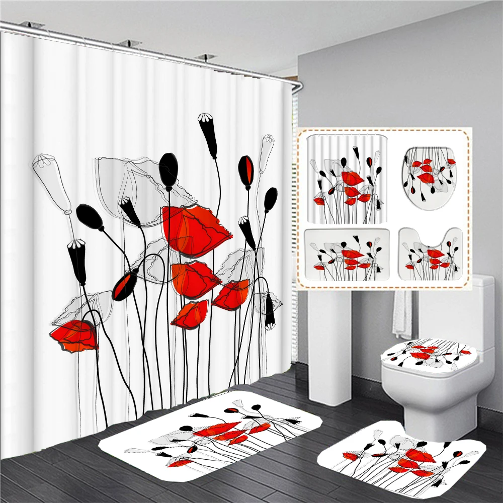 

Simple style Flowers Shower Curtain Bathroom Set Waterproof Polyester Bath Curtains Anti-slip Carpet Toilet Lid Cover Floor Mats