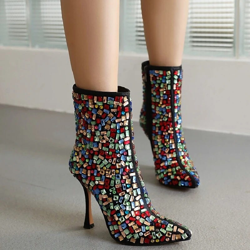 Autumn 2022 new European and American style pointed toe crystal high heels, women's fashion boots