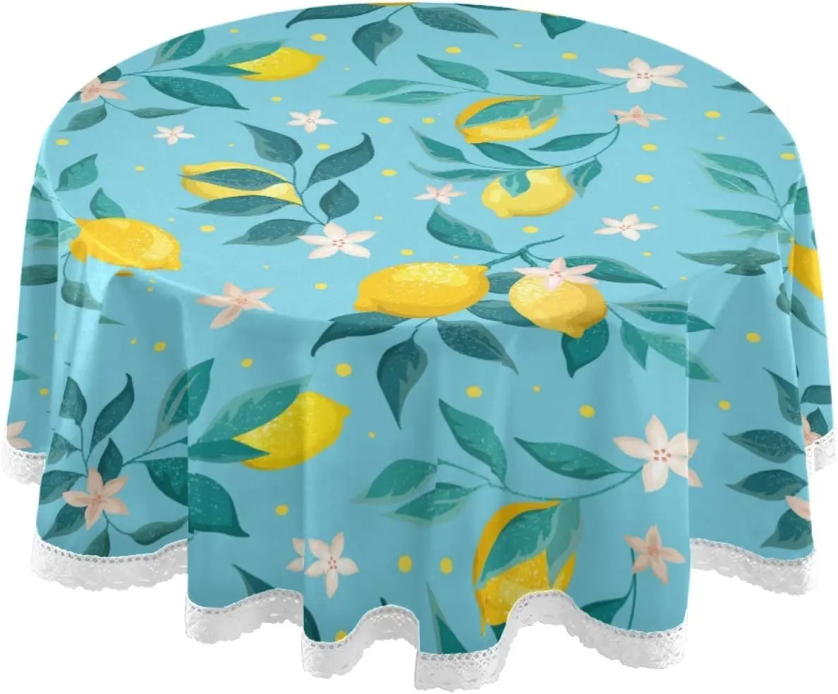 

Lemons Leaves Blue Round Tablecloth 60 Inch Washable Polyester Table Cover for Kitchen Dinning Parties holiday Tabletop Decor