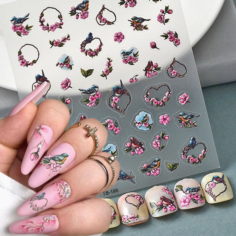 

5D Embossed Heart Flower Nail Stickers Floral Nail Decals Daisy Cherry Blossom Tulip Nail Art Stickers Flowers Nail Decorations