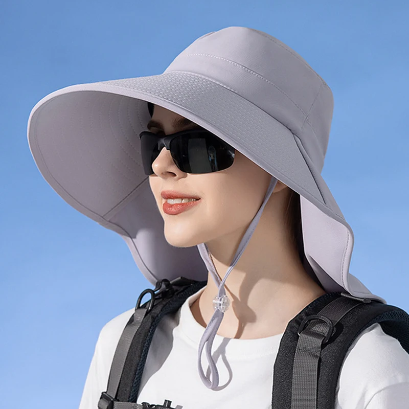 

Women Bucket Hat with Shawl Summer 12cm Big Brim Sun Hat Quick Drying Outdoor Hiking Fishing Panama Cap Breathable Horsetail Hat