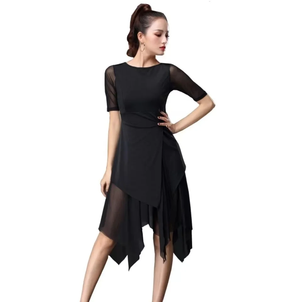 

Women Fashion Sexy Mesh Short-sleeve Latin Dance Tassel One-piece Dress For Women/female, Ballroom Tango Cha Rumba Costumes