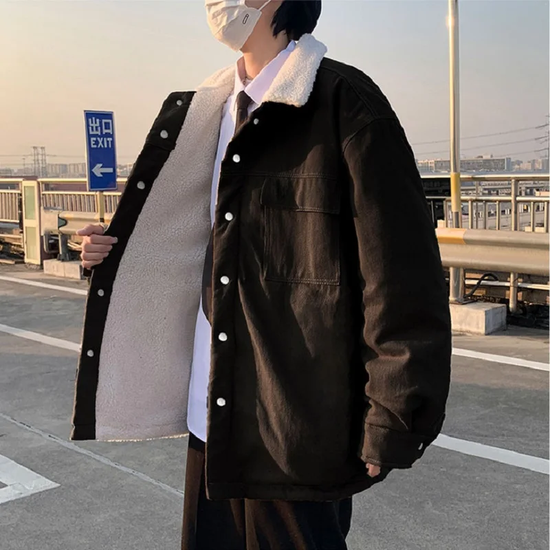 Men's Simple Faux Lamb Cashmere Tooling Jacket Thick Casual Loose Japanese Winter Coats  Outdoor Harajuku Mens Clothing