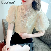 womens rhinestone pearl clothing 2022 summer new puff short sleeve top stand collar lace crochet embroidery shirts for women