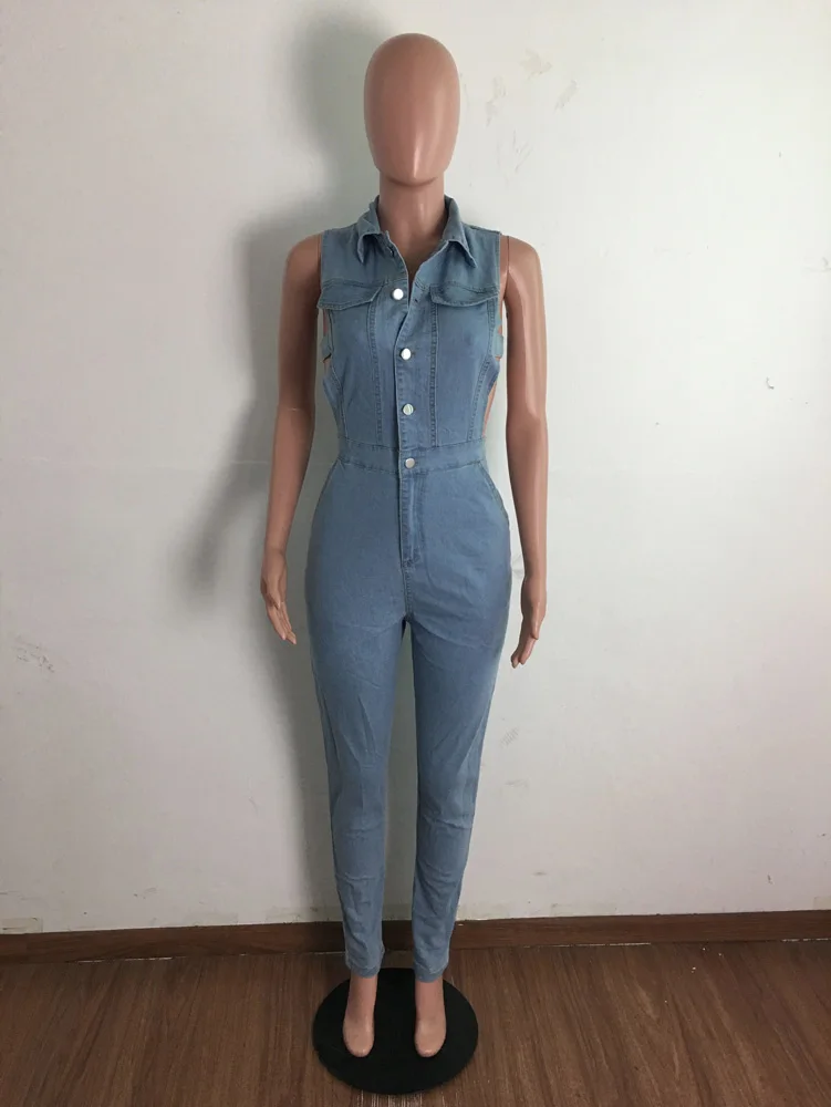 Women Denim Jumpsuit Hollow Out Sleeveless Turn-down Collar Single Breasted Stretchy Jumpsuits Fashion Outfit Summer Fashion