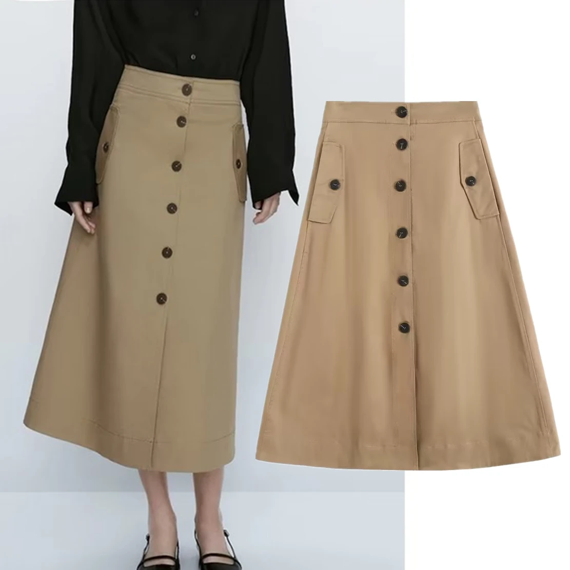 

Женская однобортная юбка средней длины, с завышенной талией