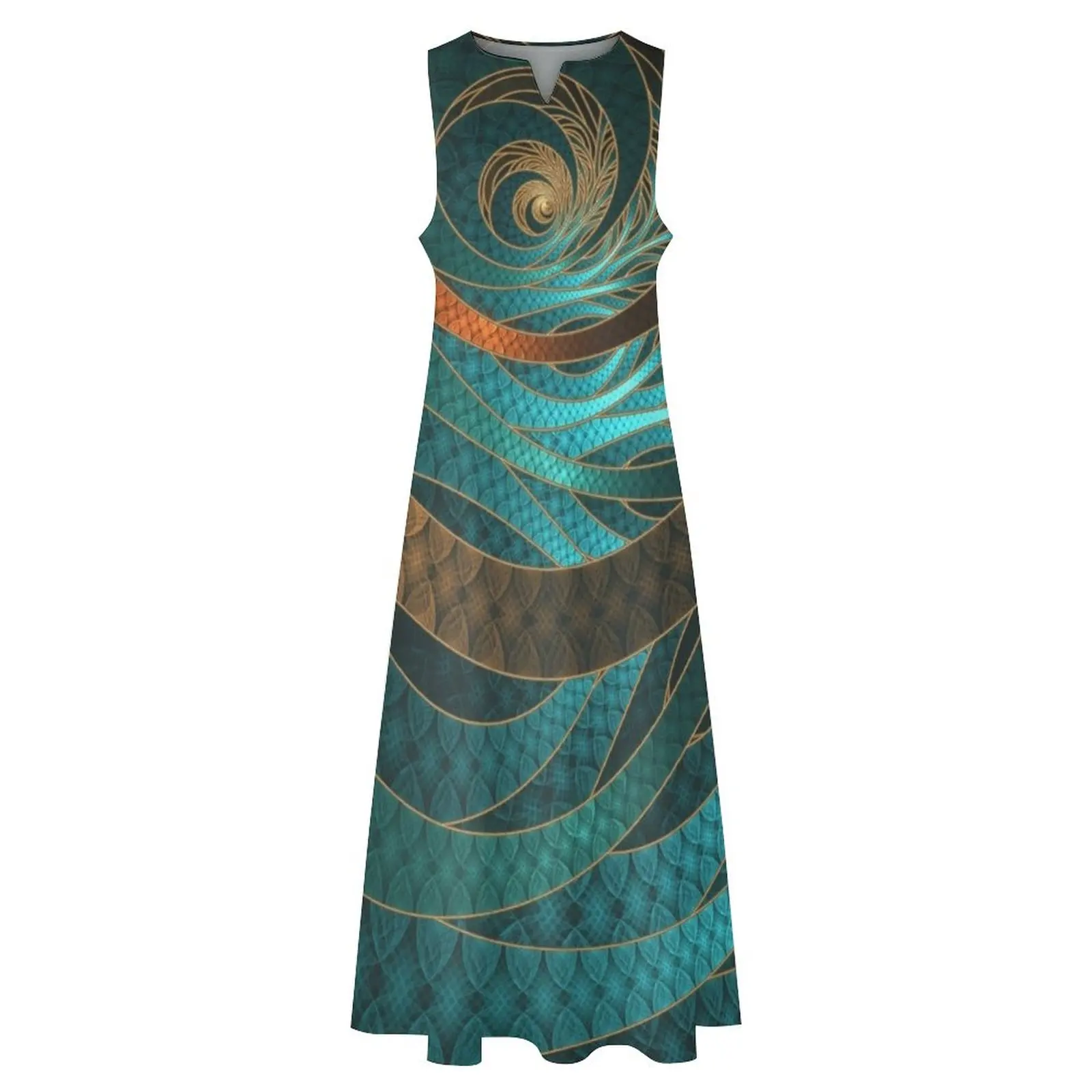 Красивое длинное платье из кожи с бирюзовым фрактальным браслетом женское