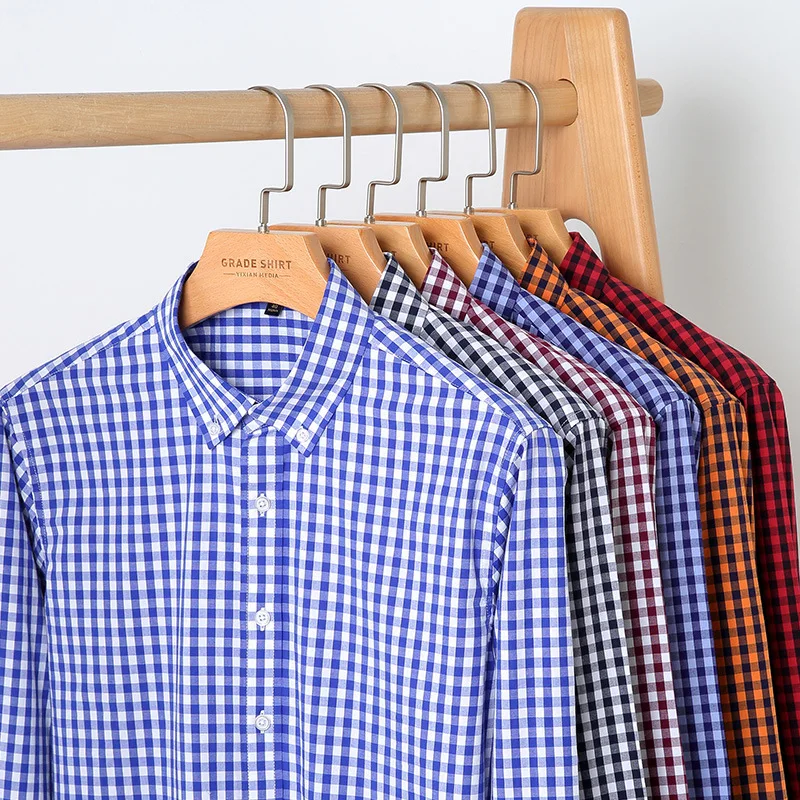 2022 New Cotton Small Plaid Shirt Gingham Grid Micro Elastic Spring and Autumn Long Sleeve Youth Shirt Men Shirts  Men Clothing