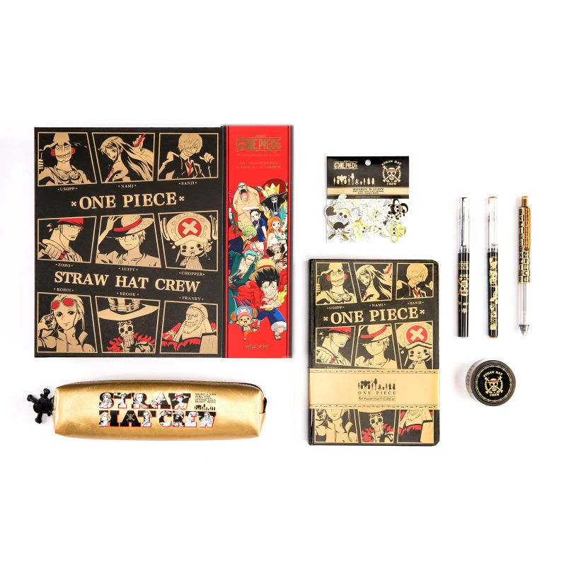 1 Set One Piece Anime Stationery Set 0.5mm Quick Dry Black Ink Gel Pen Straight Liquid Signature Pen Pen Bag Notebook Sticker