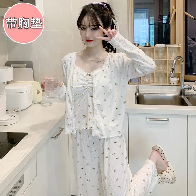 Spring and summer new three-piece set 6535 cotton belt chest pad removable vest + dressing gown + trousers women's pajamas