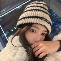 hot selling autumn winter new bear striped knitted hat fashion simple embroidery warm knitted hats for women acrylic wool hat