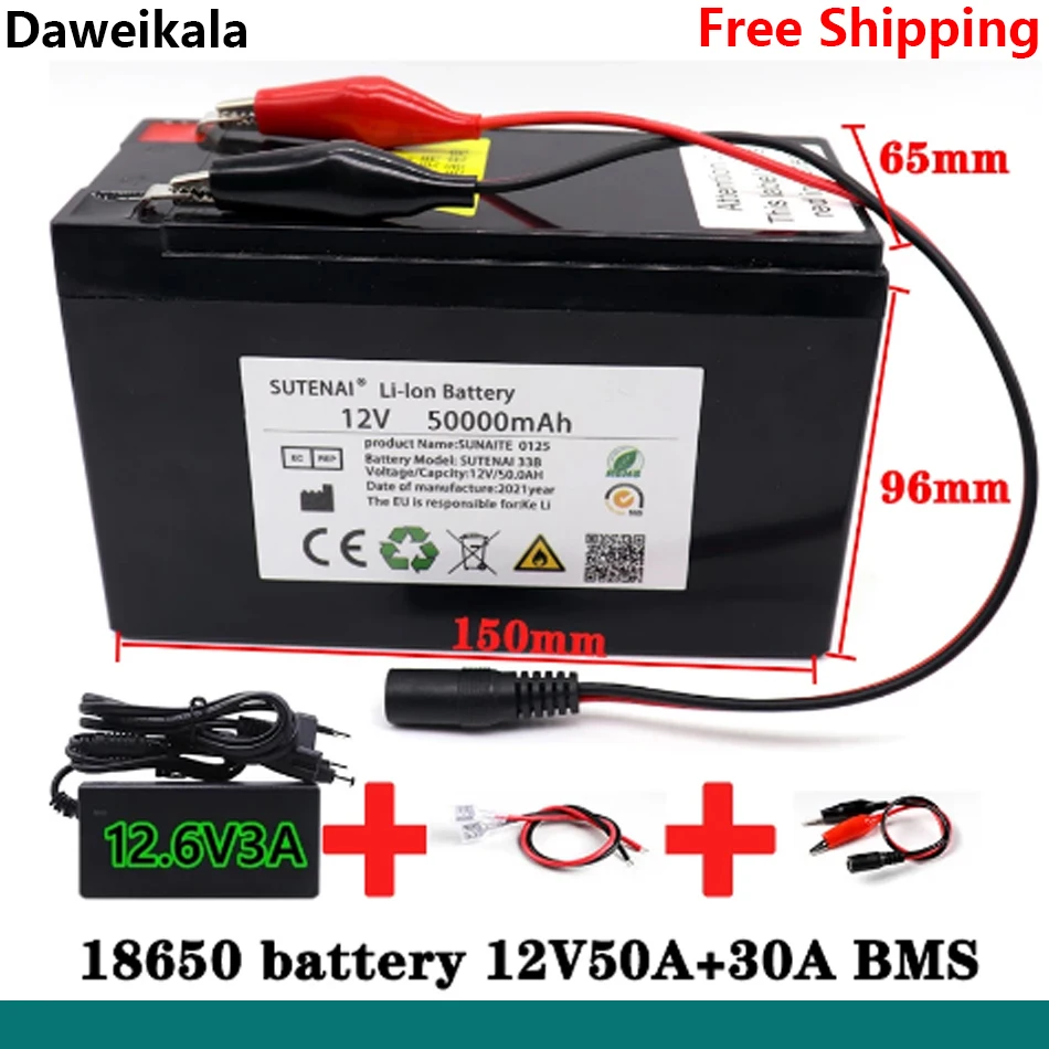 

New 12V 50000mAh 3S7P 18650 Lithium Battery Contains 50Ah Current BMS Suitable for Standard 12V Voltage Equipment+12V3Acharger