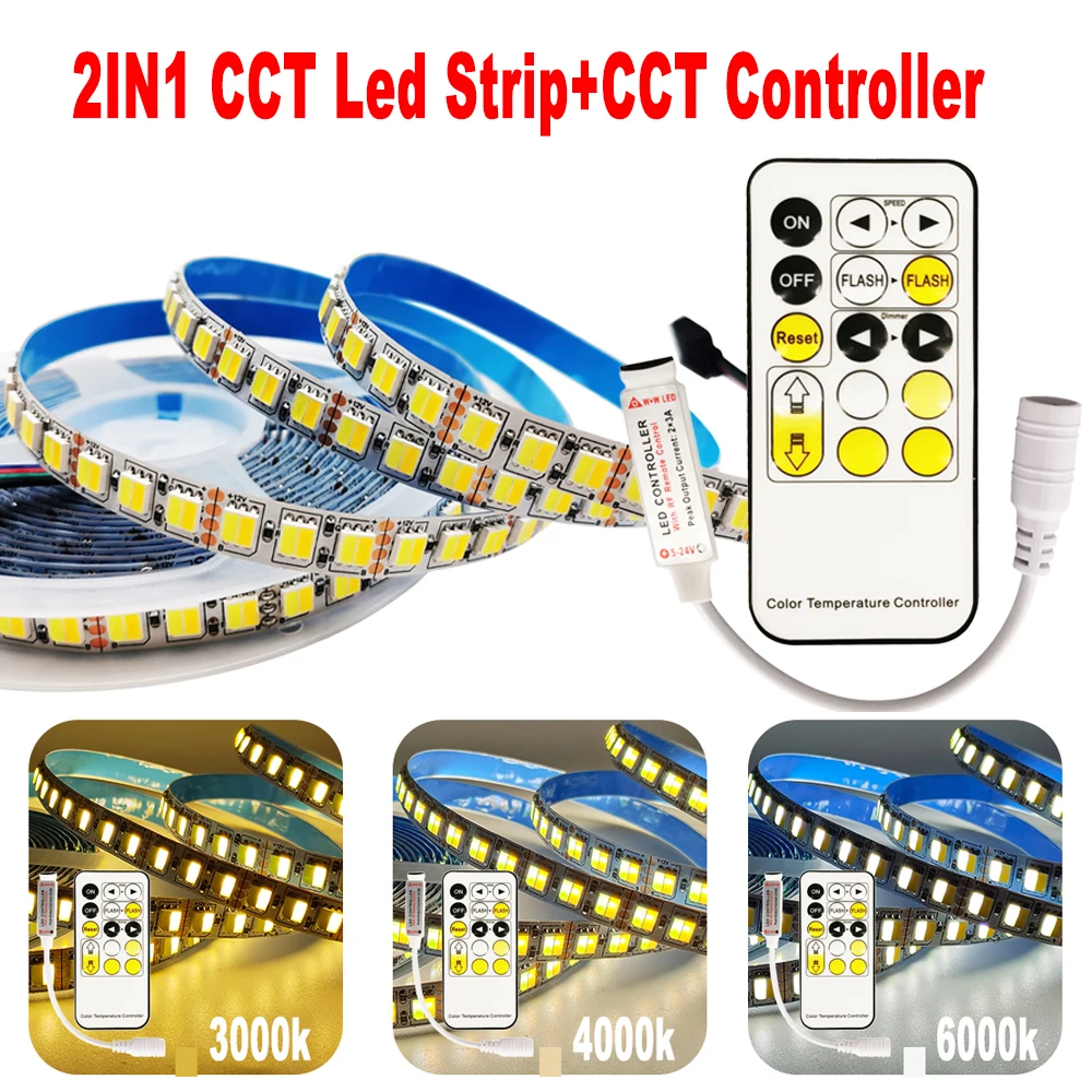 

CCT WW+CW 2in1 LED Strip Flexible Light With 15Keys Dimmable Controller Temperature Adjustable DC12V/24V Waterproof IP30 IP65