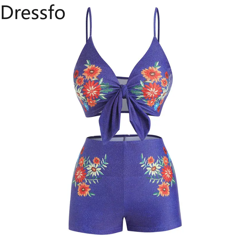 

Dressfo Vintage Swimsuit Bowknot Floral Denim Print Tummy Control Bikini Set Swimwear High Waist Shorts Beachwear Tankini 2023