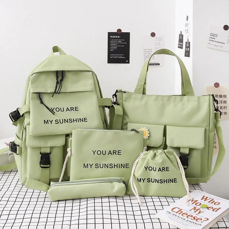 

5Piece Set Kawaii Schoolbags for Teenage Girls Women Backpack 2021 Canvas Travel Back pack Student notebook Bookbags Schoolbag