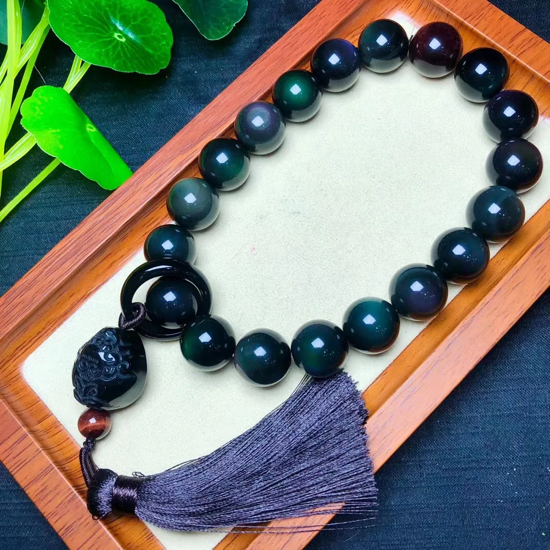 

1 Pc Fengbaowu Natural Rainbow Obsidian Prayer Bracelet Round Bead Crystal Healing Stone Jewelry Gift For Women Men