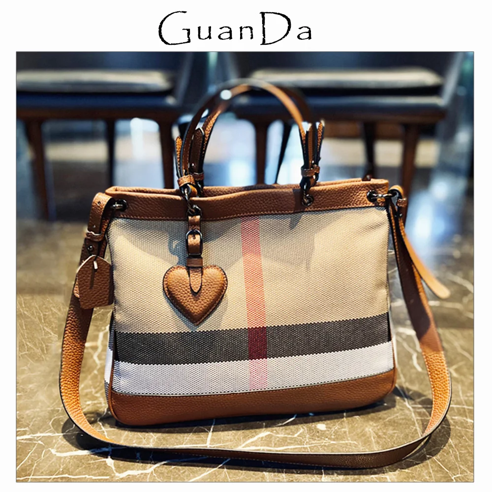 

Canvas With Cowhide Women Tote Bag Large Capacity Ladies Shoulder Bags Classic Plaid Stripes Luxury Designer Leather Handbag