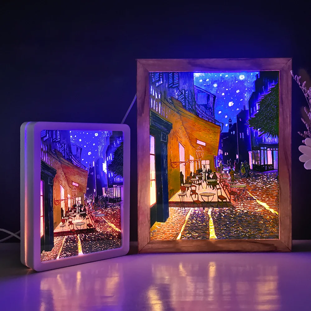 

Shadow Box With Lights Van Gogh Table Lamp 3D Paper Picture Frame Bedside Lamp 3D Paper Carving Bedroom Night Lamp Decoration