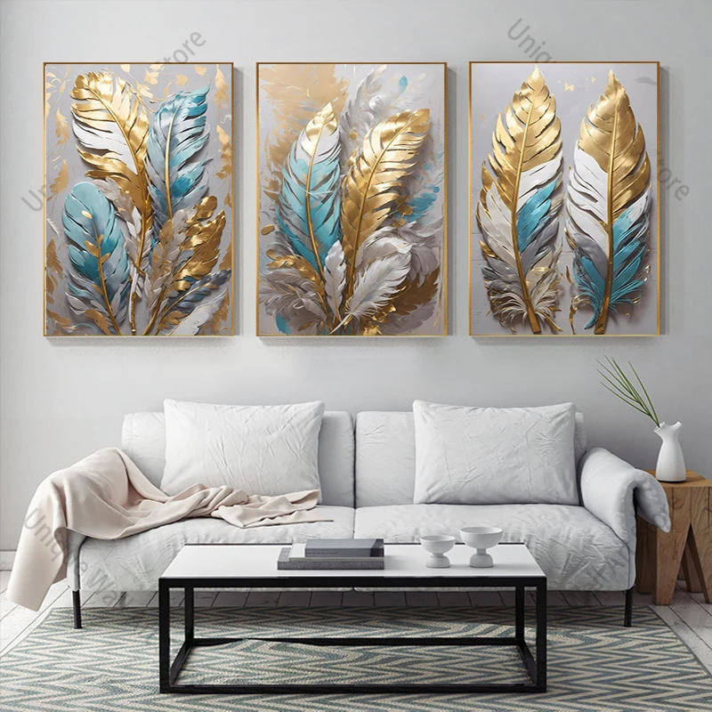 Красочные перья в дневном свете золотые синие листья плакаты настенное