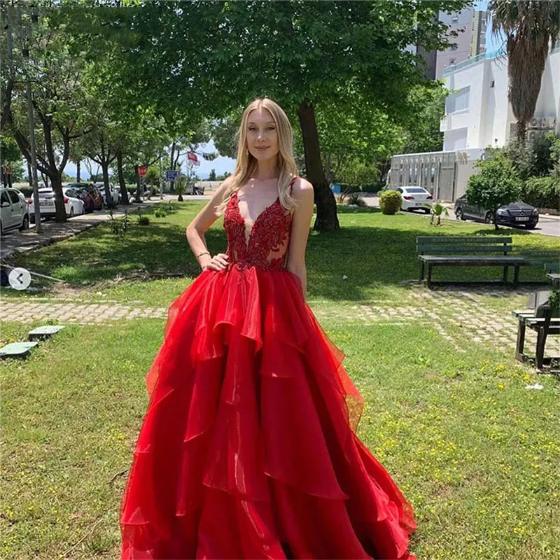

Mvozein Sexy A-Line Organza Appliqué V Neck Prom Dress Women's Open Back Spaghetti Strap Layered Party Evening Dress