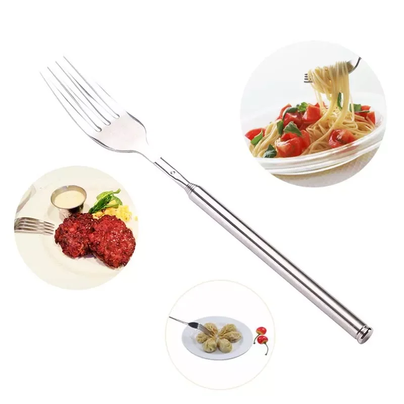 

2023New PC Stainless Steel Western Style BBQ Dinner Fruit Dessert Long Cutlery Forks Telescopic Extendable Fork Kitchen Tool Tab