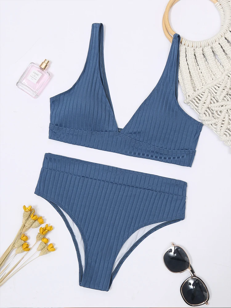 

Peachtan Sexy solid ribbed bikinis 2021 mujer High waist swimsuit women V neck swimwear female Sport bathing suit Stripe biquini