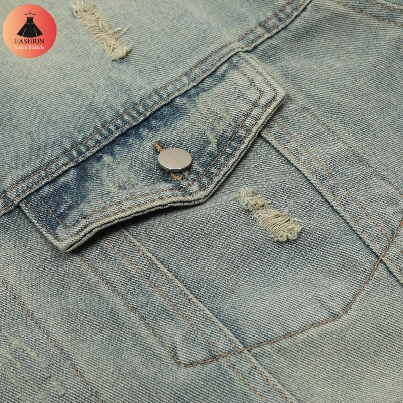 Тенденция высшего качества винтажная джинсовая куртка с отверстиями