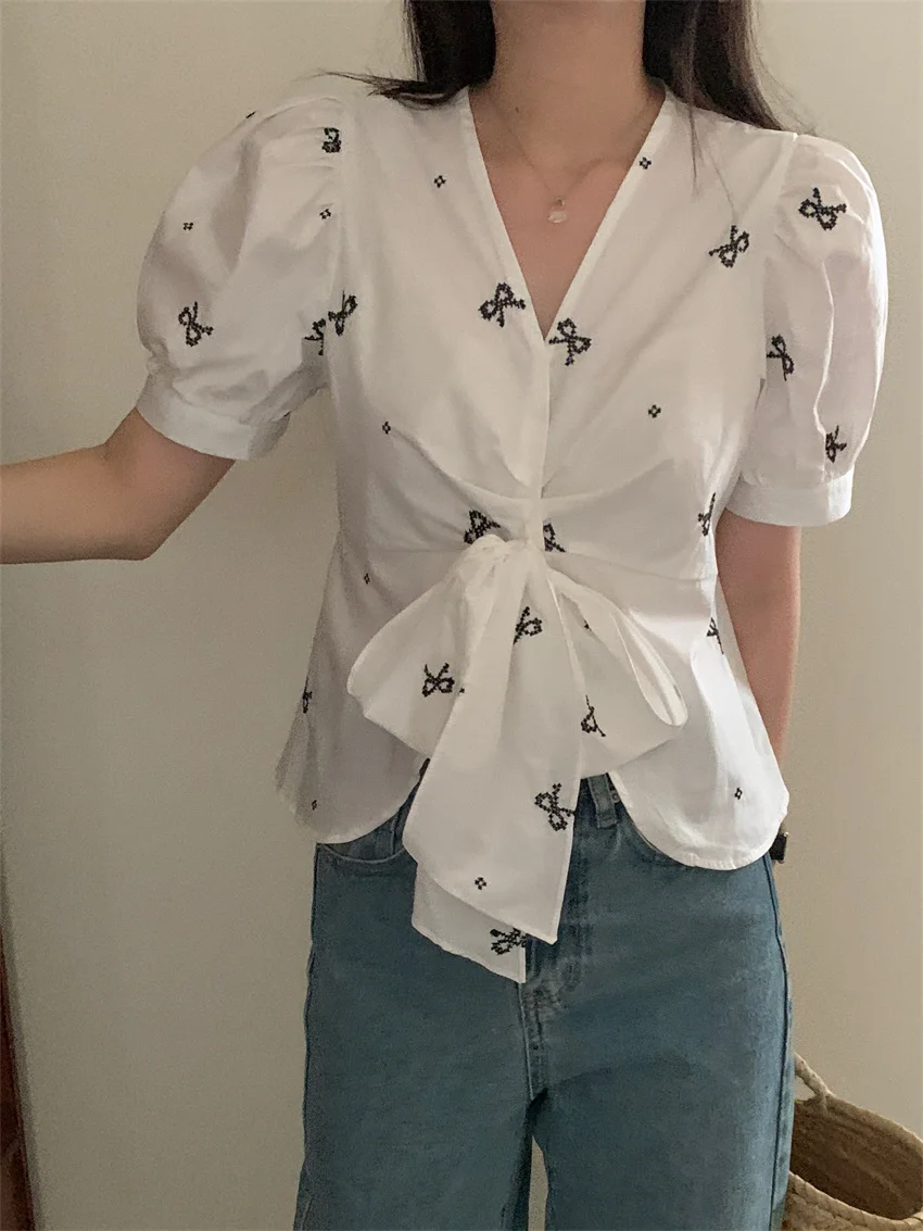 Блузка Alien Kitty женская с V-образным вырезом Стильная приталенная рубашка рукавом