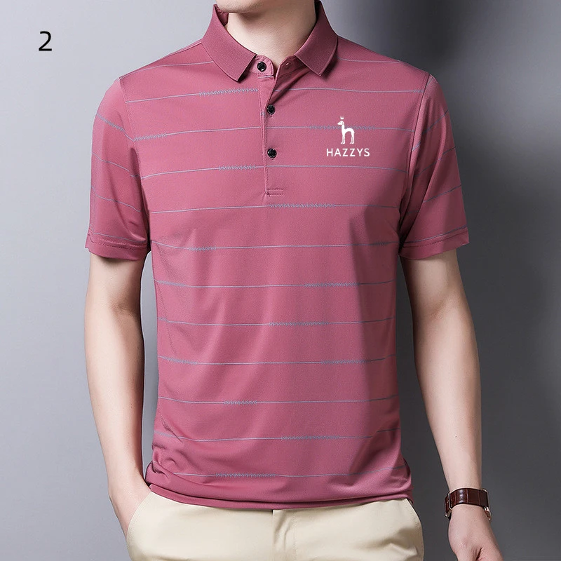 Hazzys Golf Short Sleeve T-shirt Men's Ice Silk Lapel Men's Polo Shirt Striped Summer Golf T-shirt