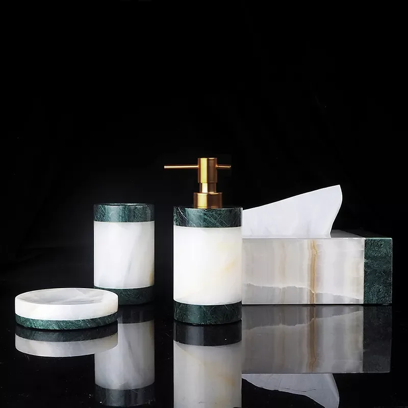 

Dark Green and White Onyx Natural Marble Bathroom Accessories Sets Luxury Toothbrush Holder Cup Soap holder Soap Dispenser Tray