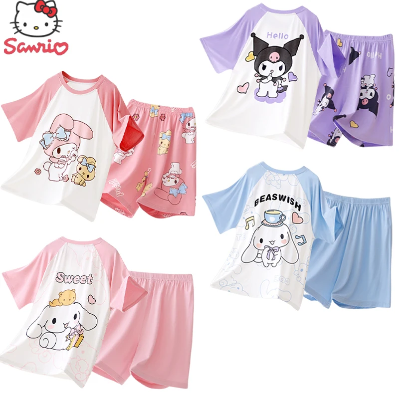 

Детская Пижама Sanrio из аниме «Hello Kitty», Kawaii My Melody Cinnamoroll Kuromi, летний комплект домашней одежды с коротким рукавом, подарки для девочек