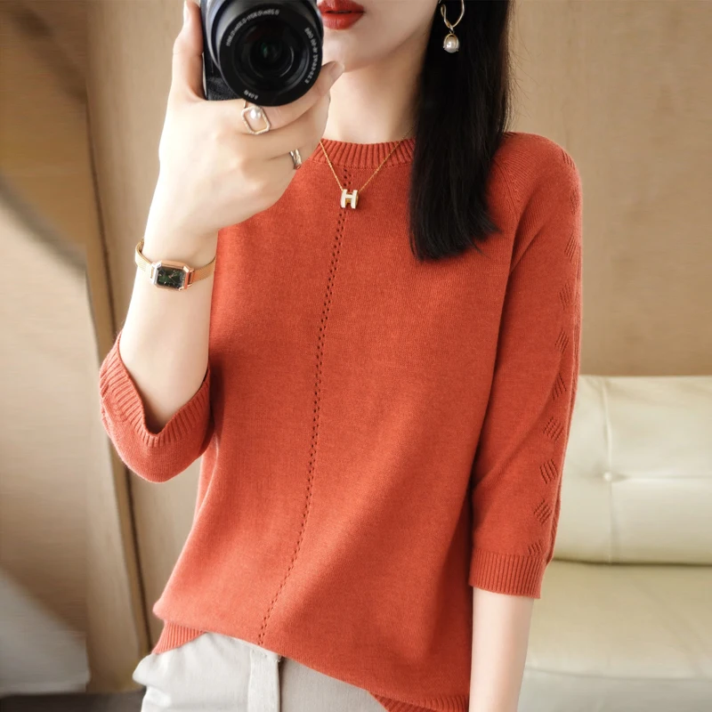 

2023 cashmere seven -quarter sleeve sweater women's pullover seven -quarter sleeve loose Hollow-out Cashmere sweater women