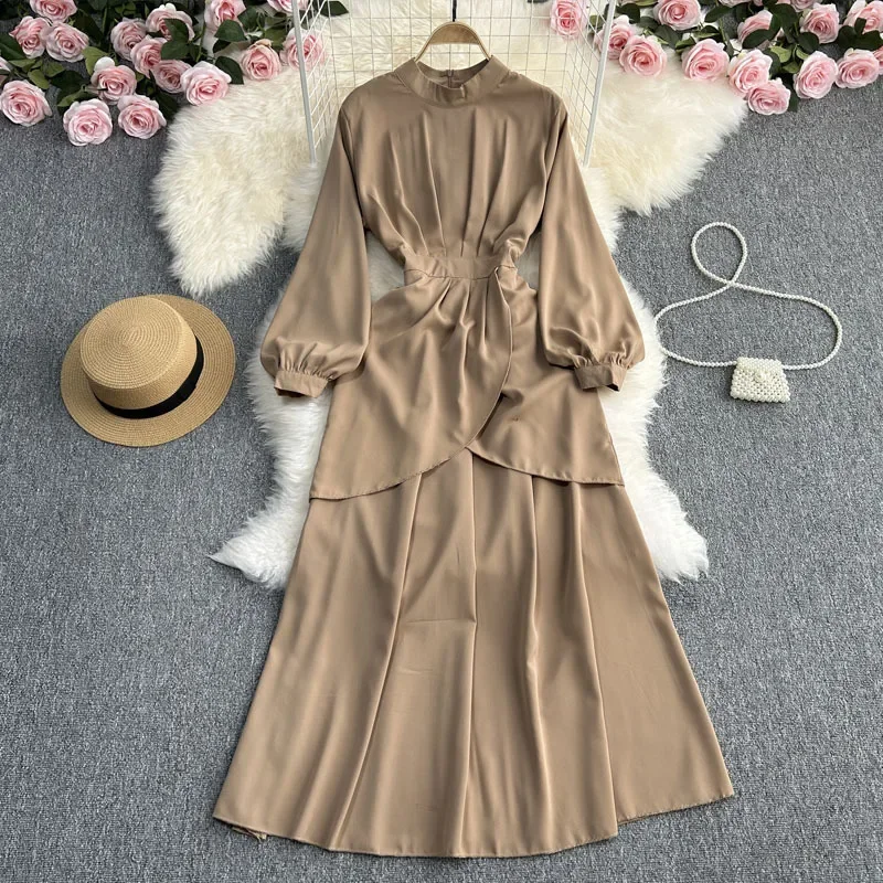 Весенне-осеннее винтажное элегантное однотонное платье с длинным рукавом и