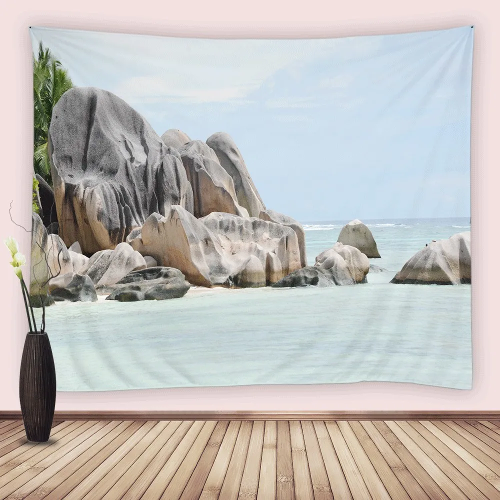 

Beach Tapestry Ocean Rocks Sky Sea Waves Scenic Tapestries Nature Landscape Palm Trees for Bedroom Living Room Dorm Home Decor