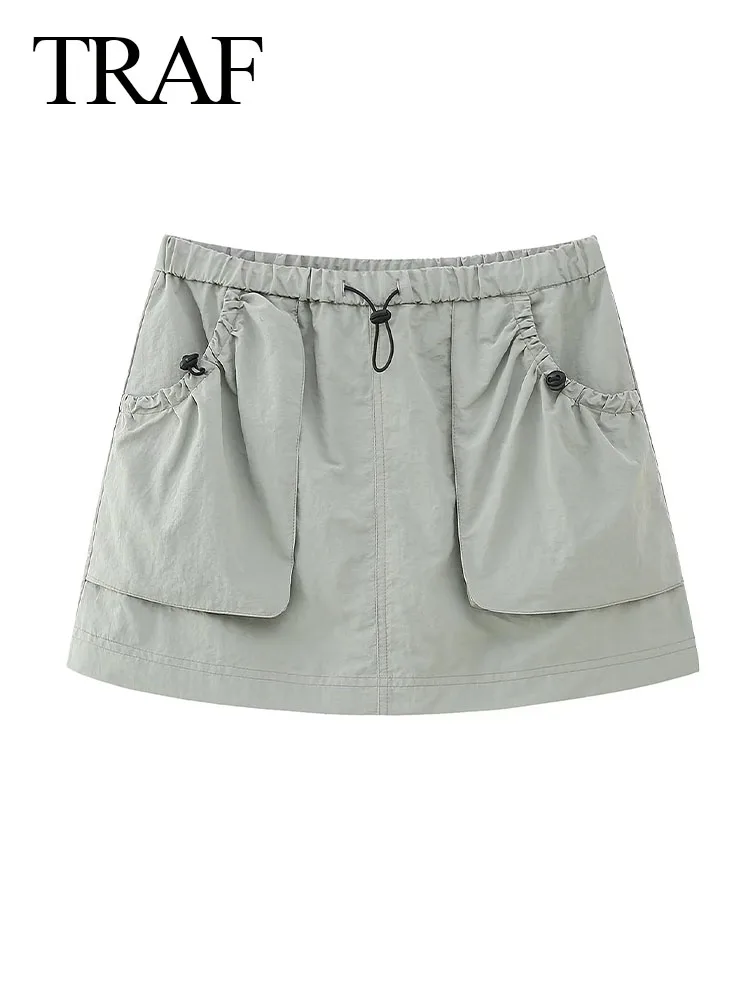 

TRAF 2023 Women New Fashion Summer Casual Culottes Elastic Waist Large Capacity Pockets Drawstring Female Safari Style Culottes