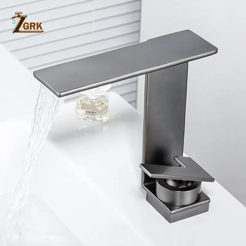 

Waterfall Basin Faucet Hot and Cold Mixer Tap Bathroom Creative Gun Grey Faucet Brass Single Handle Water Taps