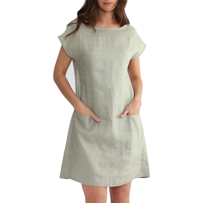 

Платье женское однотонное с коротким рукавом, из 100% льна