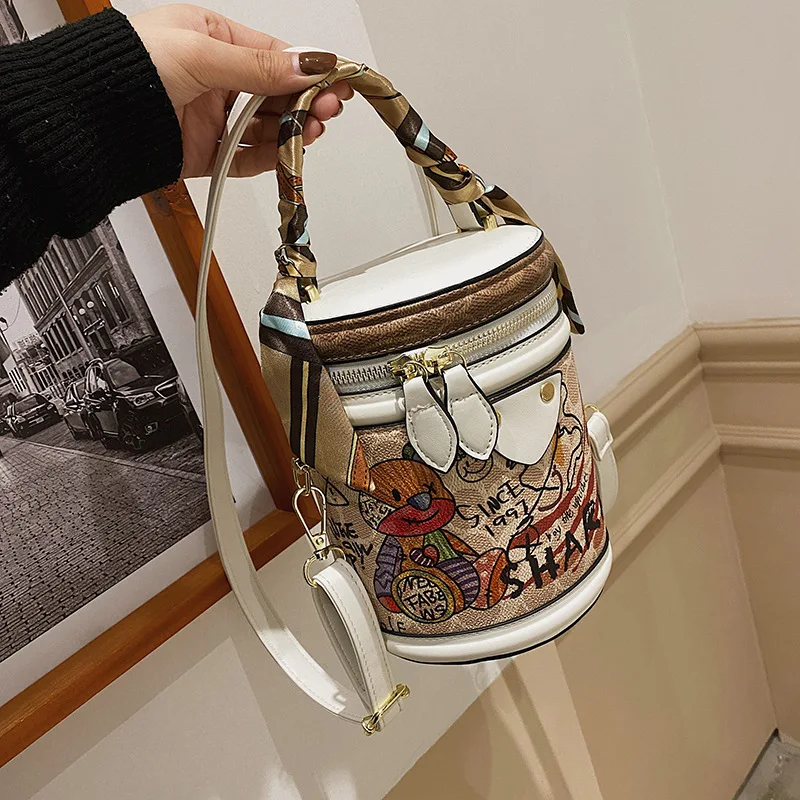 

Graffiti Cylindrical Bag Luxury Brand Designer Bags for Women PU Leather High Quality Shoulder Purses and Handbags Crossbody Bag