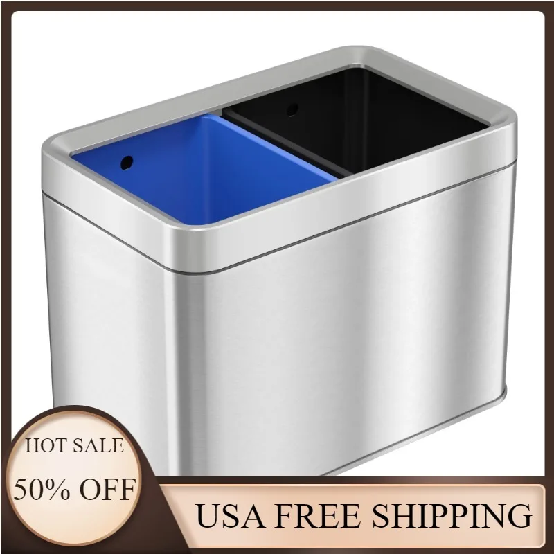 

New 5.3 Gallon Silver iTouchless Open Top Trash Can and Recycle Bin Dual Compartment Combo, Stainless Steel