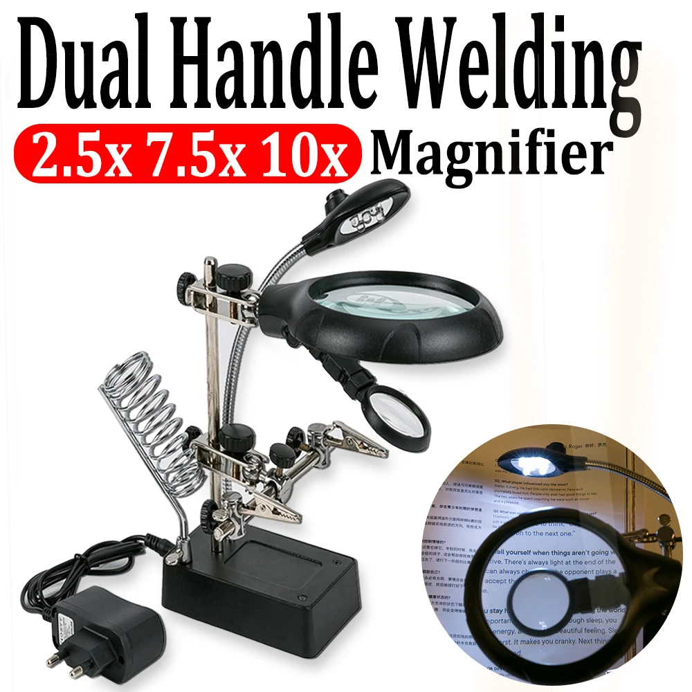 

2.5X-10X lens Auxiliary Clip Loupe Desktop Magnifier Welding Magnifying Glass With LED Light Third Hand Soldering Repair Tool