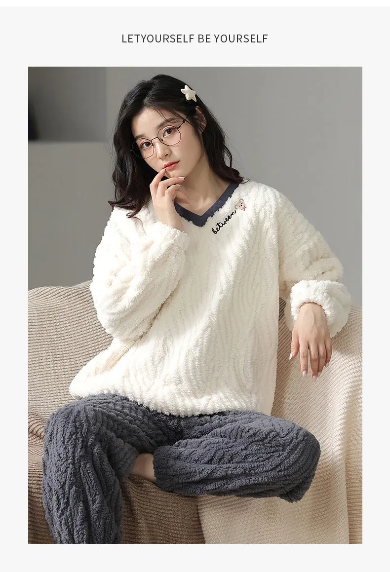 Yasuk Winter Fashion Women's Men Casual Warm Soft Stripe Pullover Sleepwear Pajamas With Pants Velvet Fleecel Couple Unisex Bear