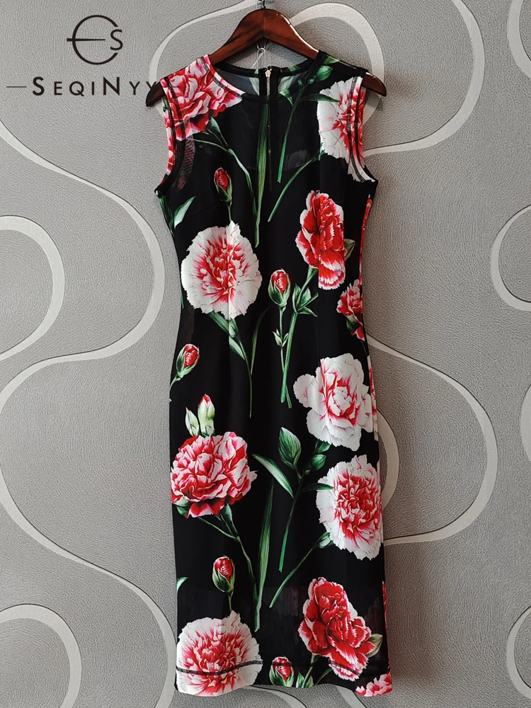 

SEQINYY Slim Knee Dress Summer Spring New Fashion Design Women Runway High Street Vintage Flowers Print Mesh Black Elegant
