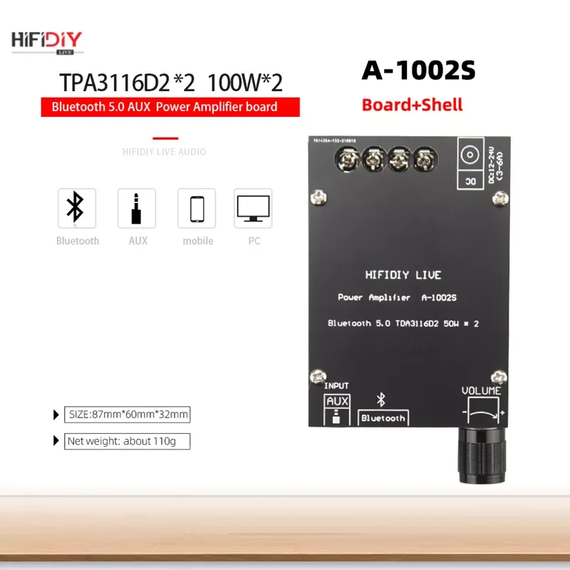 

HIFIDIY LIVE Bluetooth 5.0 AUX TPA3116 Digital Power Amplifier board 2x 50W 100W speaker Stereo Audio AMP Module Home music 1002