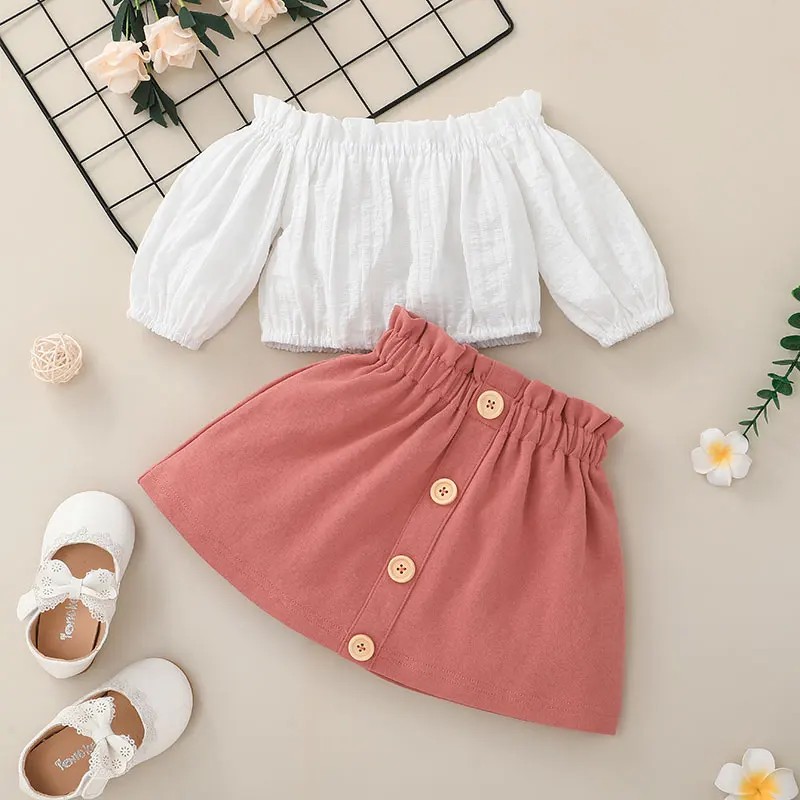 

Hibobi 2Pcs Sweet Baby Girl Solid Color Off-the-shoulder Top & Skirt Princess Dress Cotton Casual Plaid Newborn Clothes