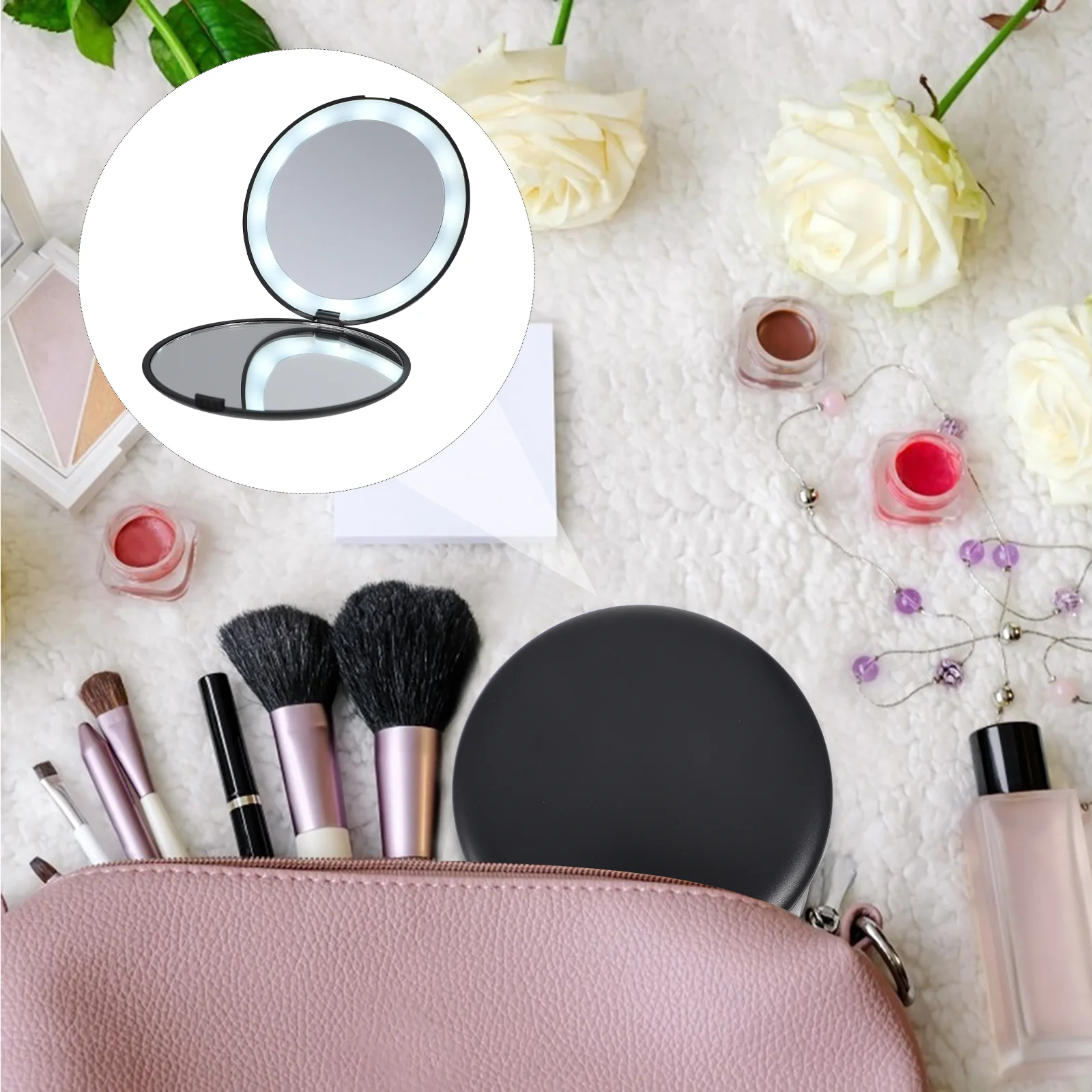 

Mirror Makeup Portable Handheld Two Vanity Pocket Led Size Porcketglass Lady Face Sided Mini