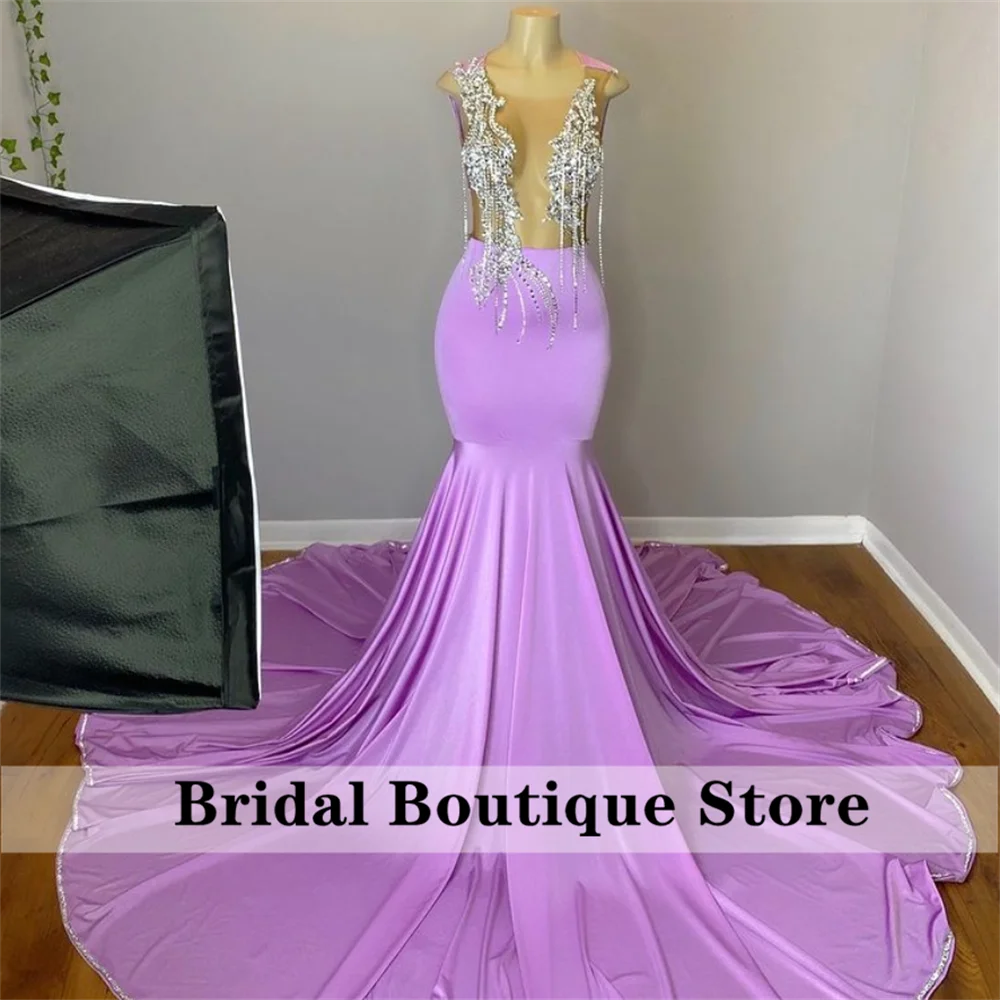 

Sexy Lavender Mermaid Prom Dresses 2022 For Black Girls Sheer Neck Beads Rhinestone Aso Ebi Party Dress Robe De Bal Zipper Back