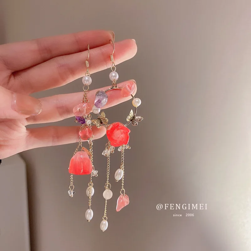 

925 Silver Needle Sweet Asymmetric Pearl Butterfly Tulip Tassel Earrings Temperament Stud Earrings Personality Jewelry Earrings