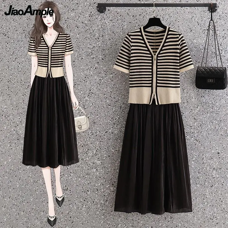 

Women's Graceful Zipper Knit T Shirt Skirts Two Piece Dress Set Summer 2022 Lady Fashion Short Sleeve Black Skirt Outfits 2022