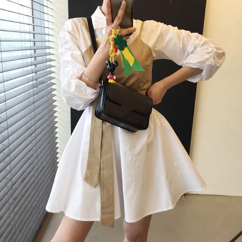 

SuperAen Spring Turn Down Collar Puff Sleeve Shirt Slim V-neck Irregular Camisole Suit Dresses for Women